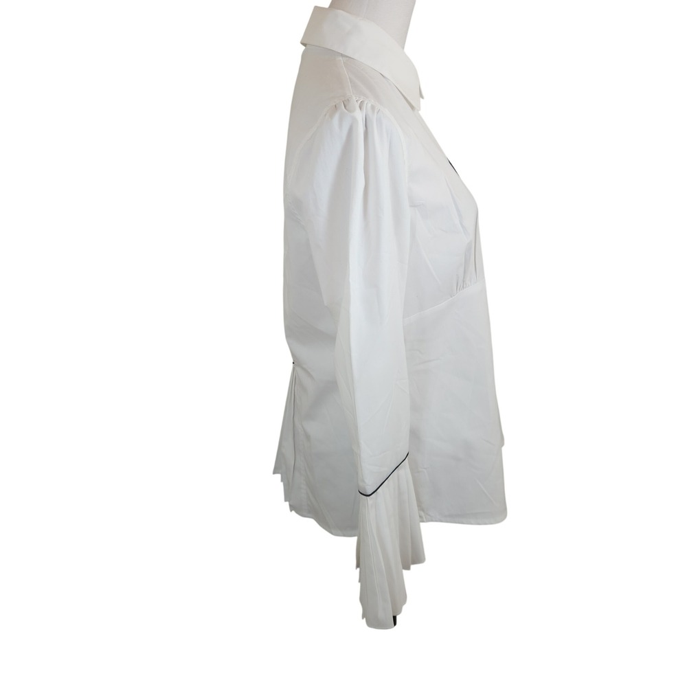Dress Barn Womens Medium White Black Trim Pleated Bell Sleeve Button Down Shirt - Picture 2 of 10